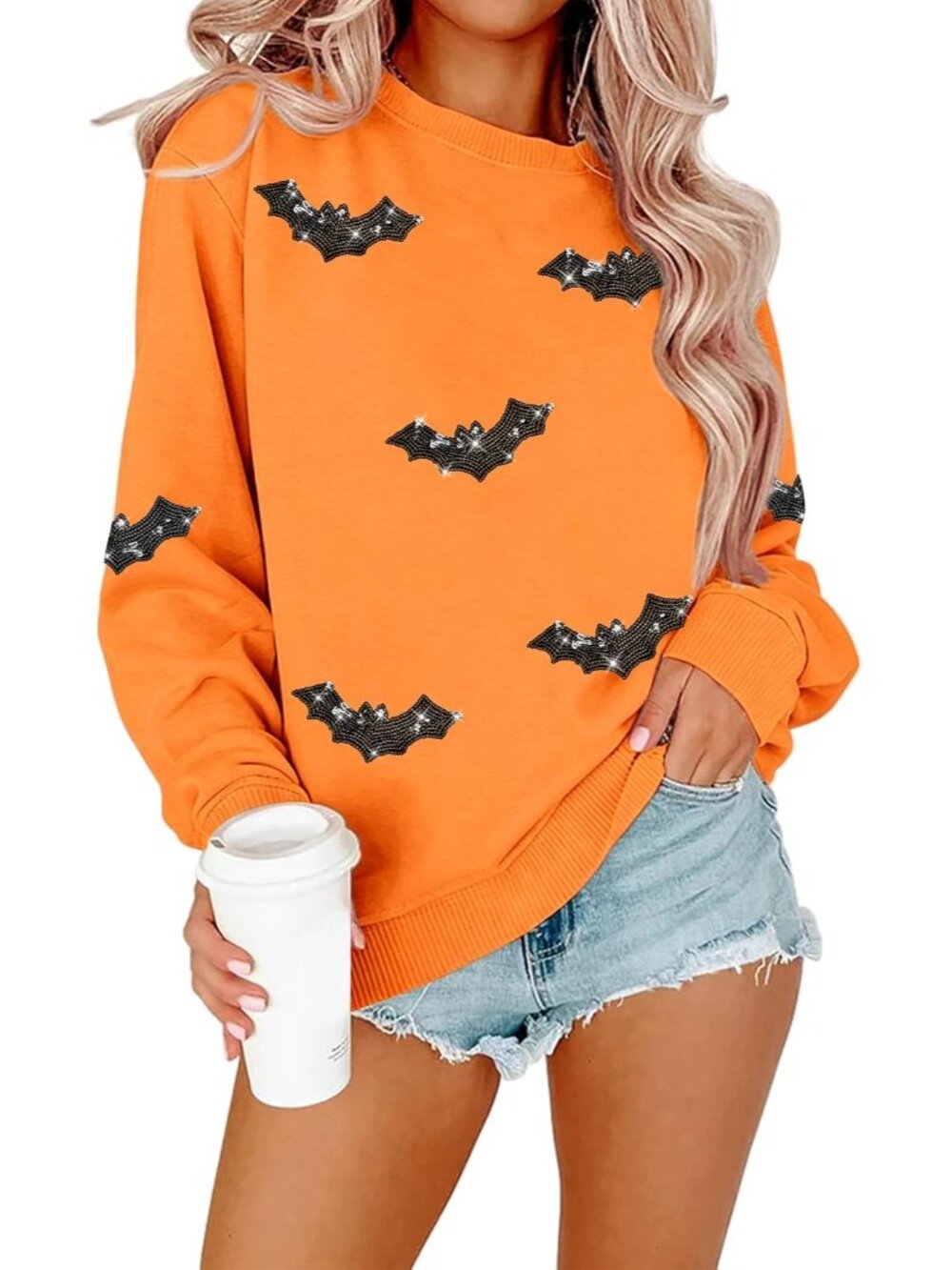 🆕 Women's Orange Sequin Bat Crewneck Halloween Spooky Sweatshirt Graphic Top